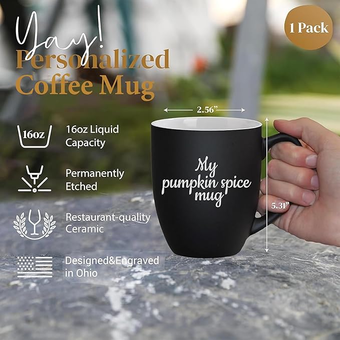 Personalized Coffee Mug Engraved with your Custom Text - Customized Coffee Mugs, Hot Chocolate Mug, Tea Cup, Birthday Gifts, Retirement Gift (Engraved Custom Text, Matte Black)