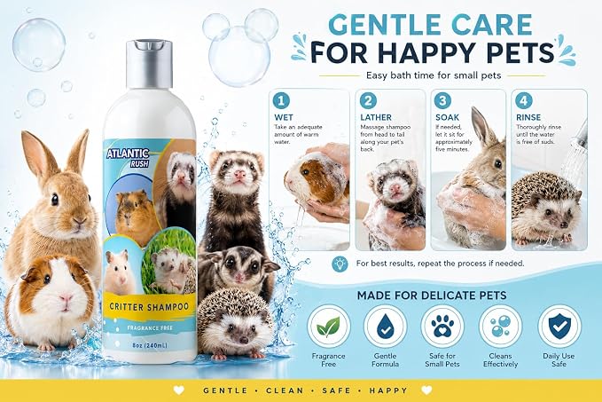 Critter Shampoo for Small Pets -Small Animal Fragrance & Detergent Free Shampoo - Sensitive Skin Shampoo for Ferrets, Guinea Pigs, Rabbits, Hedgehogs, Hamsters & Sugar Gliders (8 oz Fragrance Free)