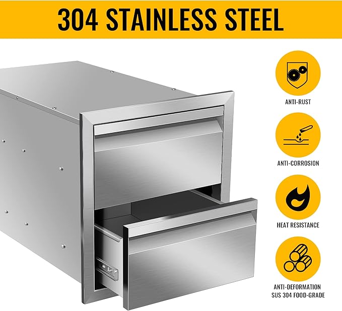 Outdoor Kitchen Drawers Stainless Steel 14W X 15H X 23D Inch, Flush Mount Double BBQ Island Drawers with Hidden Handle for Outdoor Kitchens, Patio or Grill Station