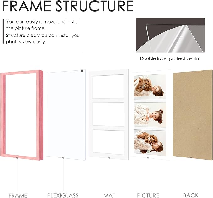 8x16 Collage Picture Frame 5x7 Collage Picture Frame Displays Three 5x7 inch Photos or 8x16 (Without Mat) for Available Horizontal Wall Mounting Display and Vertical Pink