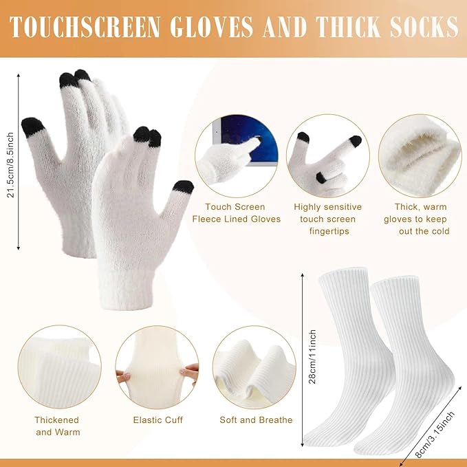 Geyoga 6 Pcs Winter Knit Set Beanie Hat Long Scarf Touchscreen Gloves Ear Muff Socks Warm Valentine Gift for Women Men Snow(White,Classic Style)