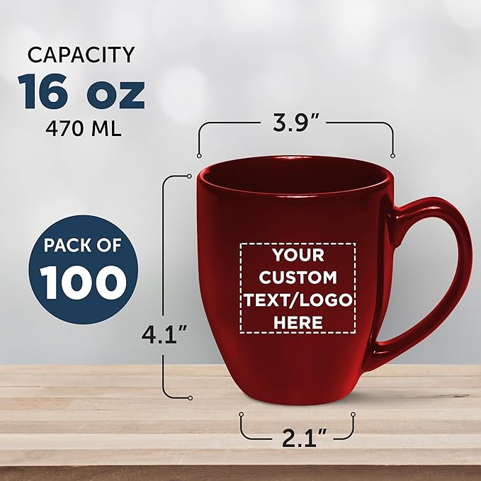Custom Large Coffee Cups 16 oz. Set of 100, Personalized Bulk Pack - Perfect for Tea, Espresso, Cappuccino, Hot Cocoa - Maroon