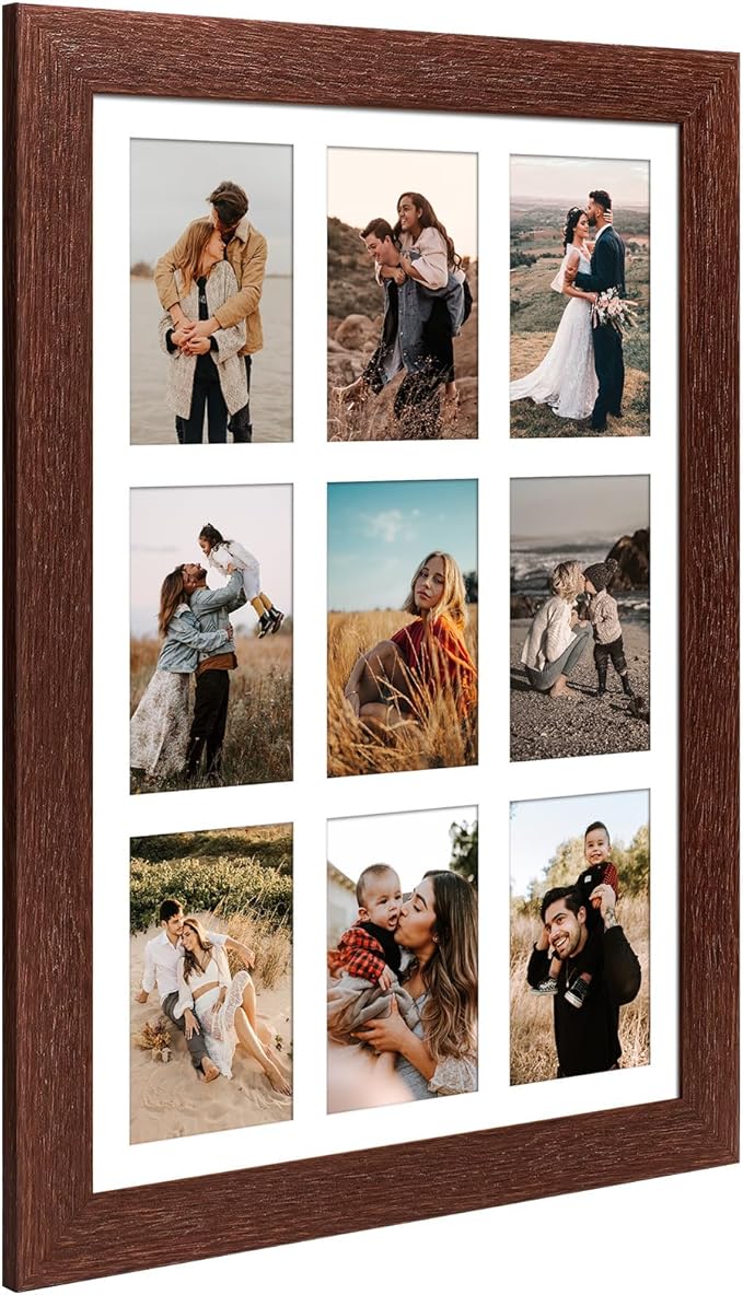13.5x19.5 Picture Frame Display 9 opening 4X6 Picture Frame Collage,Multi Photo Frame with Mat,Plexiglass,Wall or Tabletop Decor,Walnut Wood Grain