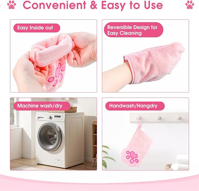 A Pair of Microfiber Reusable Pet Grooming Towel Gloves, Machine-Washable Double-Sided Bath Mitts, Dirt & Odor Removal Cleaner for Dog and Cat Paws & Coat (Pink)