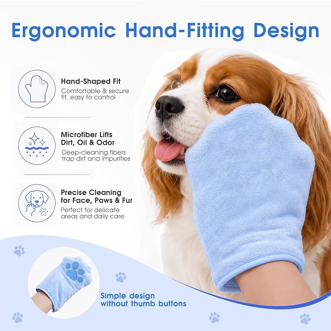 A Pair of Microfiber Reusable Pet Grooming Towel Gloves, Machine-Washable Double-Sided Bath Mitts, Dirt & Odor Removal Cleaner for Dog and Cat Paws & Coat (Blue)