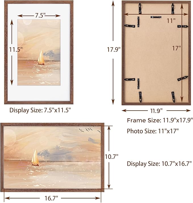 11x17 Picture Frame Set of 3, Solid Oak Wood 11 x 17 Frames with Tempered Glass, 11x17 Frame Matted to 8x12, Rustic Wooden 11 by 17 Poster Frames for Wall