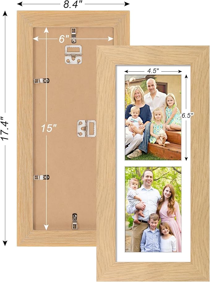 6x15 Picture Frame Display 2 opening 5X7 Double Picture Frame Collage,Multi Photo Frame with Mat,Plexiglass,Horizontal and Vertical Formats for Wall Decor,Natural Wood Grain