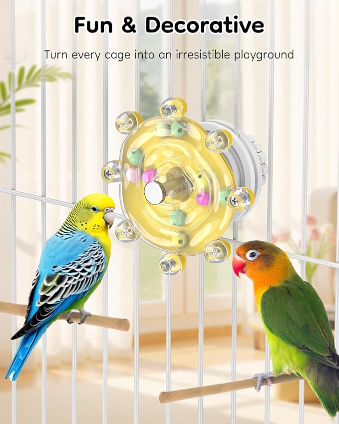 Pawfly Bird Toys for Parakeets, Colorful Spinning Wheel Chew Toy, Interactive Spinner Rattle Parrot Toys, Cockatiel Toy, Parakeet Toys, Bird Cage Accessories for Entertainment Chewing Exercise, Yellow