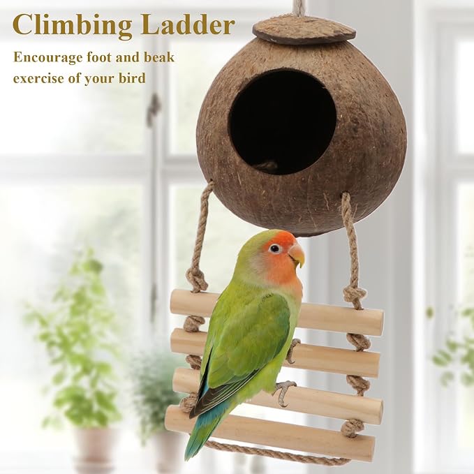 Hypeety Pet Bird Breeding Nest Natural Coconut Bird Hideout Hut for Cage | Natural coconut shell, for sleeping/breeding, easy to hang, for parakeets/cockatiels/finches/hamster, with wooden ladder/hook