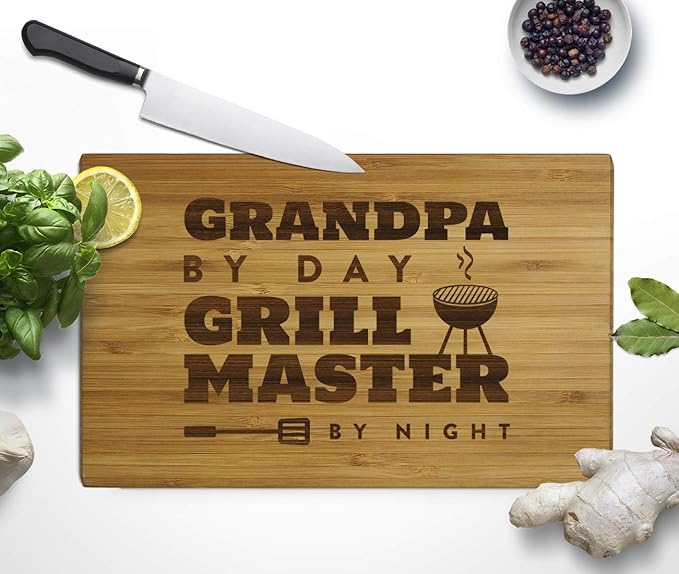 Andaz Press Laser Engraved Small Bamboo Wood Cutting Board, 9.5 x 6-inch, Grandpa by Day Grill Master By Night, 1-Pack, Father's Day Birthday Christmas Gift Ideas