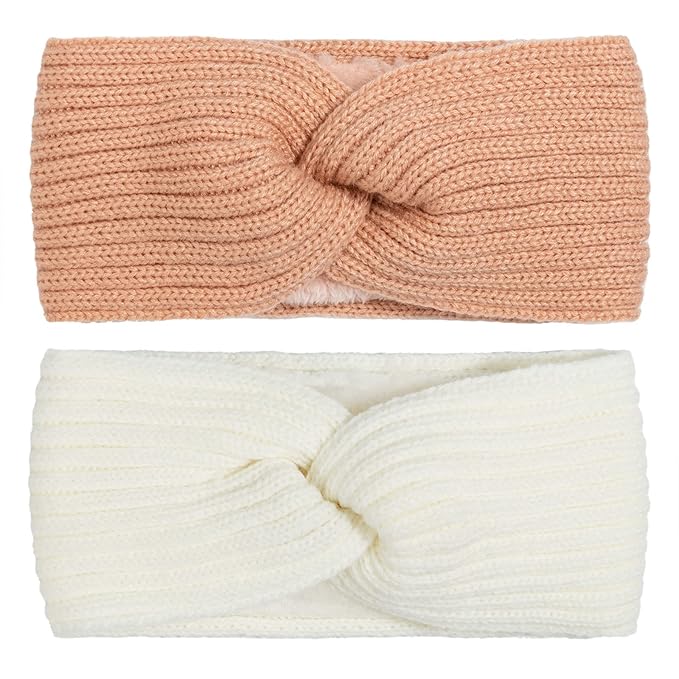 AQOKKA Knit Winter Headbands for Women Fuzzy Wool Fleece Lined Ear Warmers Elastic Turban Crocheted Head Wrap Winter Accessories for Women Cold Weather