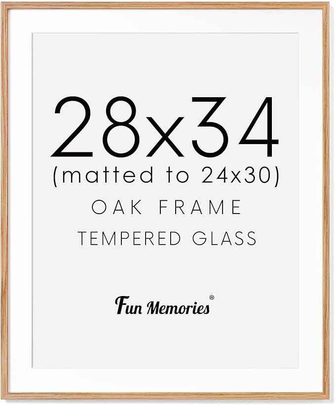 28x34 Large Poster Frame, Solid Oak Wood 28 x 34 Picture Frames for Wall, Tempered Real Glass, 28x34 Frame with Mat for 24x30, Rustic Wood 28 by 34 Frames for Home Decor, Natural Oak Color