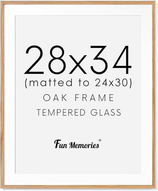 28x34 Large Poster Frame, Solid Oak Wood 28 x 34 Picture Frames for Wall, Tempered Real Glass, 28x34 Frame with Mat for 24x30, Rustic Wood 28 by 34 Frames for Home Decor, Natural Oak Color