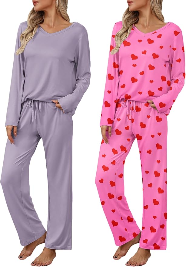 Ekouaer Womens 2 Pack Pajama Set Long Sleeve Pajamas Top and Pants V Neck Pjs Set Soft Loungewear with Pockets