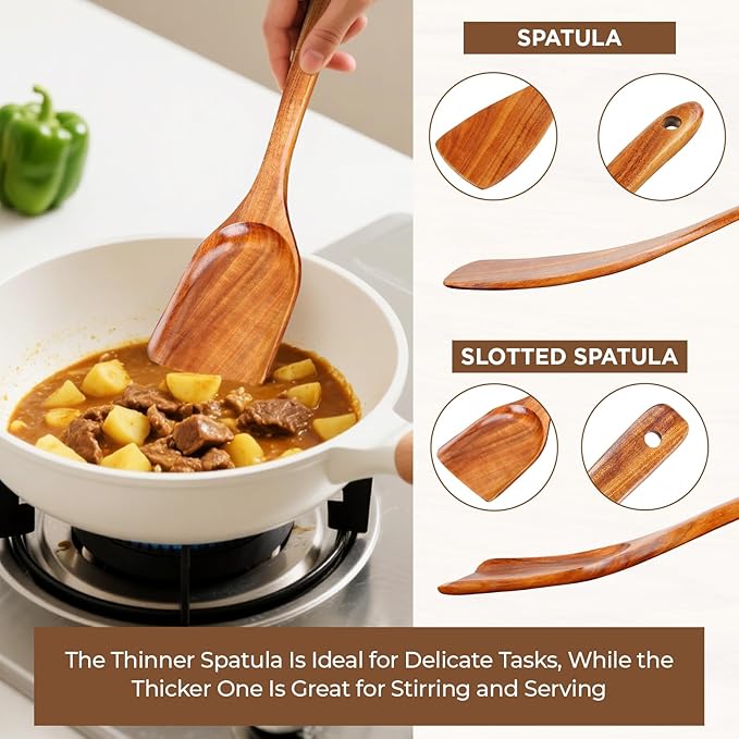 Handcrafted Teak Wood Spatula Set, 2Pcs Wooden Spatulas for Cooking with Long Handles, Perfect for Stir-frying and Flipping Eggs, Kitchen Utensils Set for Cooking Lover