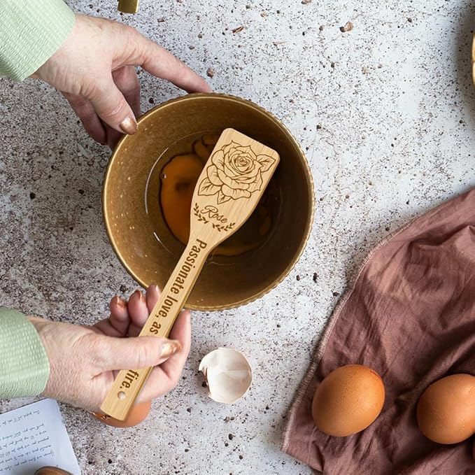 GLOBLELAND 6Pcs Flowers Bamboo Cooking Utensils Wooden Engraved Cooking Spoons Set Carving Kitchen Bamboo Spatula Set for Women and Men Wood Cooking Spoon for Kitchen House Warming Gift