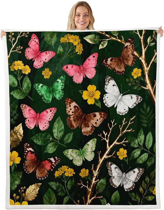 Feelyou Girls Butterfly Fleece Throw Blanket Queen 90"x90" Kids Botanical Leaves Sherpa Blanket Plush Fuzzy for Bed Couch Chair Living Room, Beautiful Flower Bed Blanket Green Room Decor