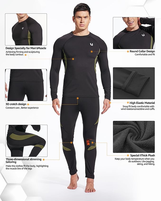 UNIQUEBELLA Men's Thermal Underwear Sets Top & Long Johns Fleece Sweat Quick Drying Thermo Base Layer
