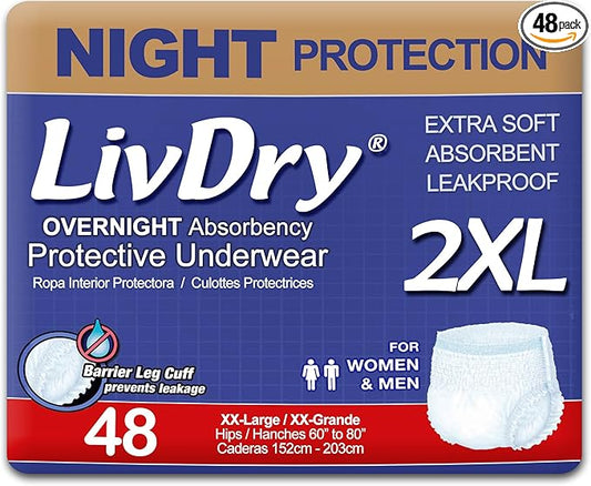 LivDry XXL Overnight Adult Diapers for Women and Men, Incontinence Underwear, XX-Large, 48-Pack