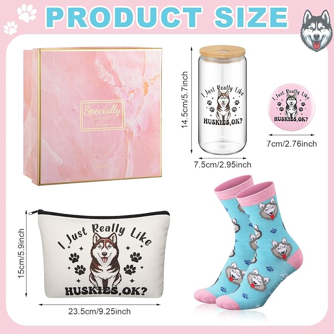 Kacctyen 5 Pcs Christmas Husky Gifts for Women Husky Dog Lover Gifts 16oz Glass Cup Tumbler with Lid Straw Makeup Cosmetic Bag Pocket Mirror Sock for Dog Mom Animal Lovers Birthday Party Favors
