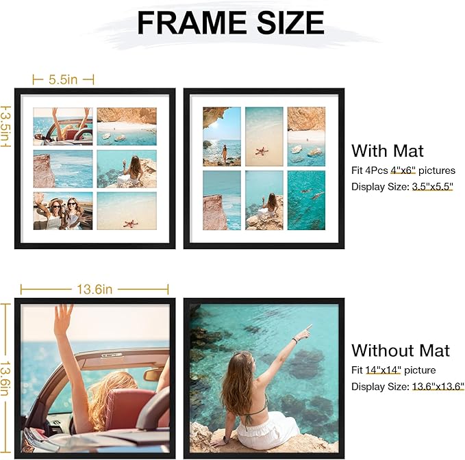 Vittanly 14x14 Collage Picture Frame, Displays 6Pcs 4x6 Pictures with Mat or 1Pc 14x14 without Mat, Picture Frames Collage Wall Decor for Display, Black, 1 Pack