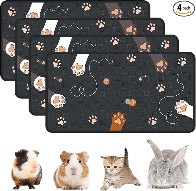 4-Pack Guinea Pig Cage Liner Washable, 16in x 30in Ultra-Absorbent Guinea Pig Bedding for Cage Non-Slip Leak-Proof Pee Pads for Dogs Rabbit Bunny Cat Litter Mat, Black