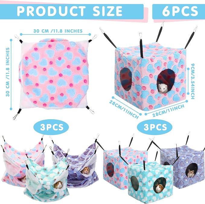 AceOrbit 6 Pcs Rat Hammock Cube Hideout Triple Layer Ferret,Spotted Heart | Cage Accessories for Guinea Pig Chinchilla Sugar Glider Hamster, Soft Ferret Bed Hideout with Hooks, Cozy Sleeping Nesting
