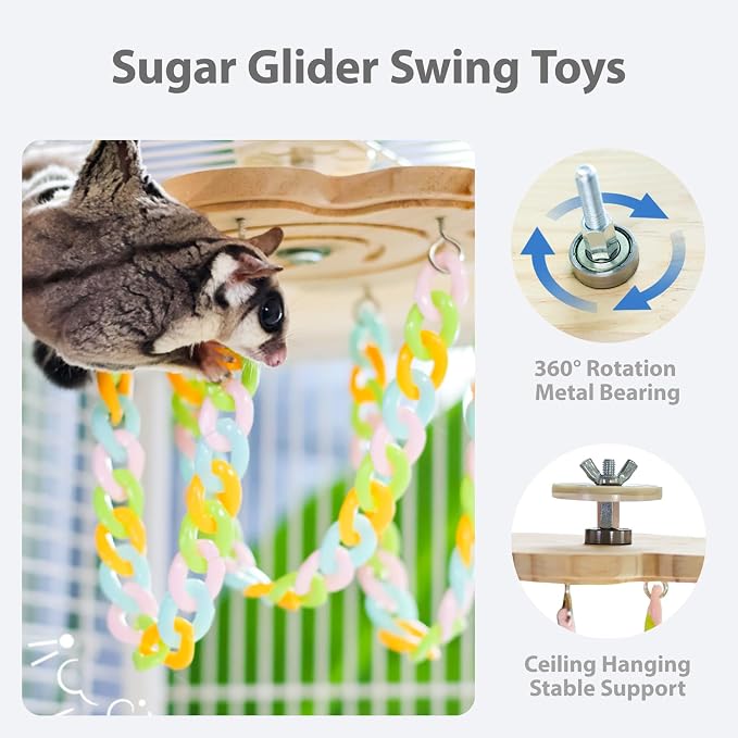 Sugar Glider Climbing Toys Haning Swing Sugar Glider Cage Accessories | Natural Wood Climbing Toys Sugar Glider Accessories Rat Enrichment Toys for Small Animals Rat and Birds (Hanging Style A)