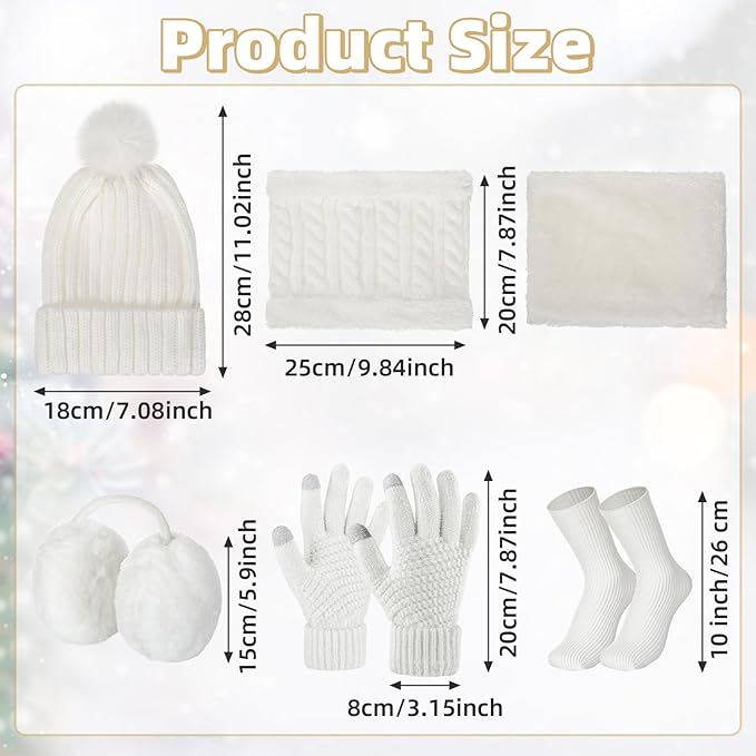 SATINIOR 5 Pcs Winter Satin Lined Hat Scarf Gloves Set Knit Pompom Beanie Warm Touchscreen Glove Earmuff Ear Warmer for Women