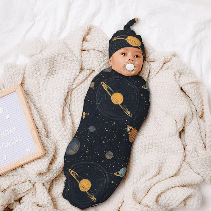 Newborn Swaddle Blankets and Hat Set Soft Cotton Baby Swaddle Wrap Warm Infant Receiving Blanket Space-4