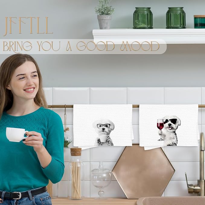 Funny Maltese Kitchen Towels Set of 2, Funny Kitchen Decor, Coffee Station Wine Dog Decor, Maltese Owner Gift Hand Towel, Dining Room Decorative Tea Towel Dish Towels 16x24 Inch