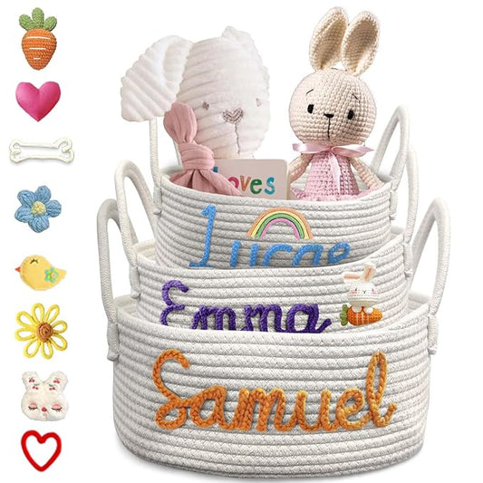 Personalized Baby Basket with Name for Newborn Boy Girl, Custom Cotton Rope Nursery Storage Baskets Gifts - Small