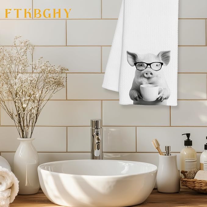 Funny Pig Decor Coffee Kitchen Towels Gift, Pig Gifts for Women, Coffee Gifts for Women, Animal Lover Gift Decorative Dish Hand Tea Towels for Kitchen Home Bar Decor, 16x24 Inch