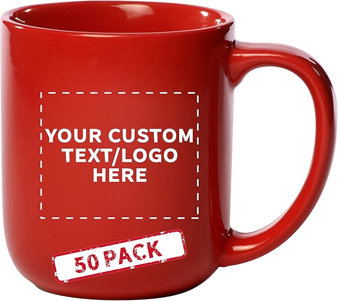 DISCOUNT PROMOS Custom Vibrant Color Glossy Ceramic Mugs 16 oz. Set of 50, Personalized Bulk Pack - Perfect for Tea, Espresso, Cappuccino, Hot Cocoa - Red