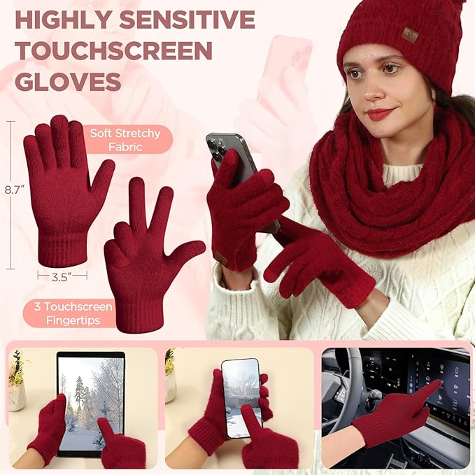 Womens Beanie Hat Infinity Scarf Touchscreen Gloves Fleece Headband 4 in 1 Winter Clothes Set Gifts for Women