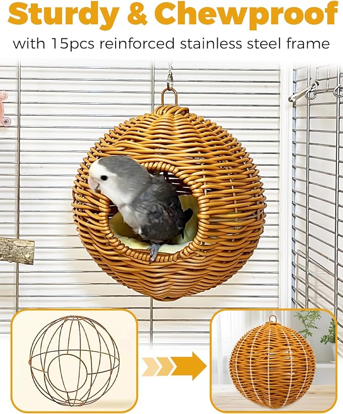 Chewproof Steel Frame Bird Nest for Cage, Washable Small Bed Hammock | Bird Hideout Lay Eggs Parakeet Nest Sleep Rest, Parakeet Warm Bed House Hut for Lovebird, Canary, Budgie, with Cushion