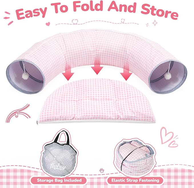 Bunny Tunnel Bed, 2-in-1 Collapsible Rabbit Guinea Pig Hideout, Pink | Removable Mat, Small Animal Tubes, Pet Rest Play Toy Indoor for Cats Kittens Rabbits Bunnies Ferret
