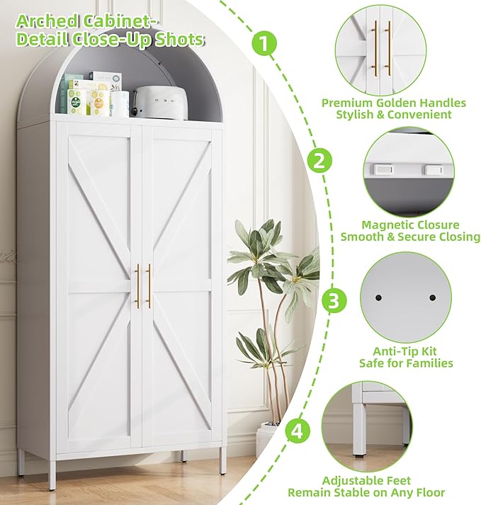 Metal Arched Kitchen Pantry Cabinet with 6 Adjustable Shelves, Farmhouse Arched Cabinet with 2 Doors for Kitchen,Bedroom,Living Room,White, Assemble Required,15.4" D x 30.7" W x 72.8" H