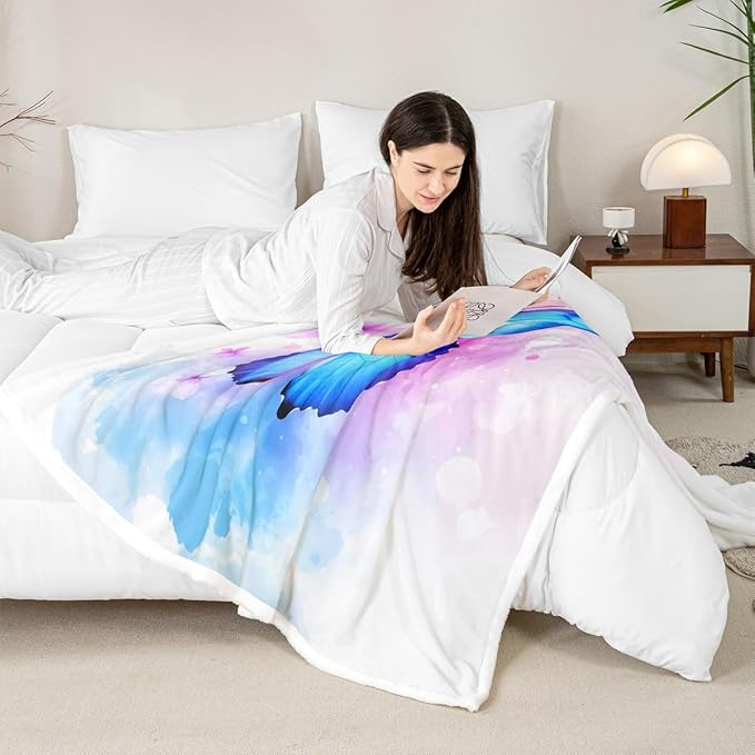 Feelyou Girls Blue Fleece Throw Blanket 40"x50" Kids Watercolor Butterfly Sherpa Blanket Plush Fuzzy for Bed Couch Chair Living Room, Cute Dreamy Garden Bed Blanket Room Decor