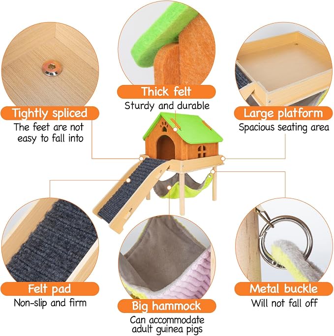 BESNEW 3 in 1 Enlarged Guinea Pig Hammock with House & Platform,Wooden Guinea Pig Hideout with Hammock & Stairs Small Animal Toys for Hiding Sleeping Activities