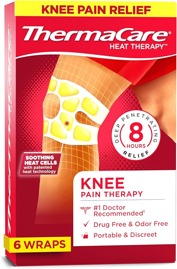 ThermaCare Knee HeatWraps - Targeted Knee Pain Relief with 8-Hour Therapeutic Heat - Flexible, Discreet, Drug-Free Portable Heat Therapy (6-Count)