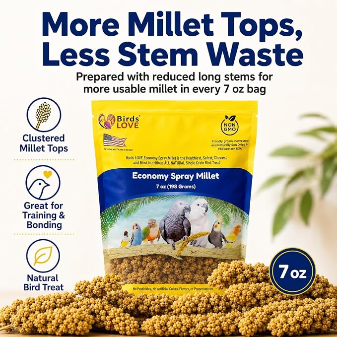 Birds LOVE® Economy Spray Millet for Birds, 7 oz, GMO-Free Natural Millet Spray Treat, Stem-Reduced Edible Tops, Grown in USA, for Parakeets, Cockatiels, Lovebirds, Finches, Canaries -Pack of 2