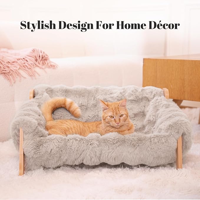 CHEERHOME PETS Elevated Cat Couch Bed Wooden Raised Kitty Sofa Lounge Chair | Washable Fluffy Cover Wooden Elevated Pet Furniture for Indoor Cats and Puppy(Gray)