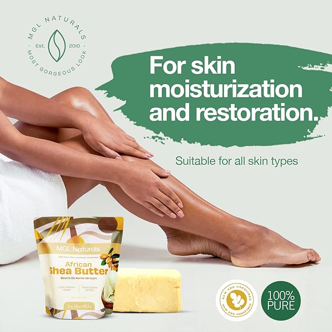 MGL Naturals Raw African Shea Butter Ivory 1 lb, 100% Pure and Unrefined. Nourish and moisturize skin and hair. Use alone or DIY recipes. From Ghana, West Africa. (1 lb)