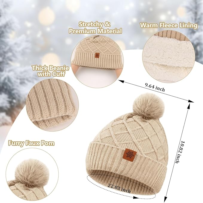 YARIEW Winter Hat Scarf and Gloves Set for Women, Warm Knitted Beanie with Pom Pom, Soft Ear Warmer Scarf, Warm Gloves