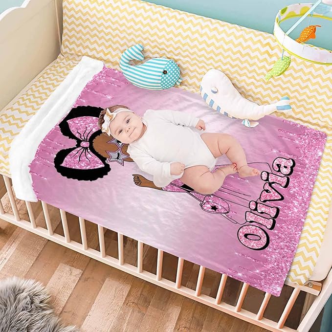 D-Story Custom Blanket Personalized with Name Text, Customized Flannel Throws Blankets Black Girl Blanket for Newborn, Toddler on Baby Birthday