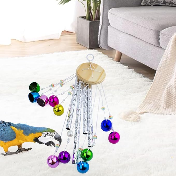 FlidRunest Bird Toys, Conure Wind Chimes Chewing Toy with Colorful Stick, Parakeet Toys 4 Aluminum Tubes 11 Bells, Parrot Cage Windchime Hanging Bells Toys for Conure, Parakeet, Cockatiel