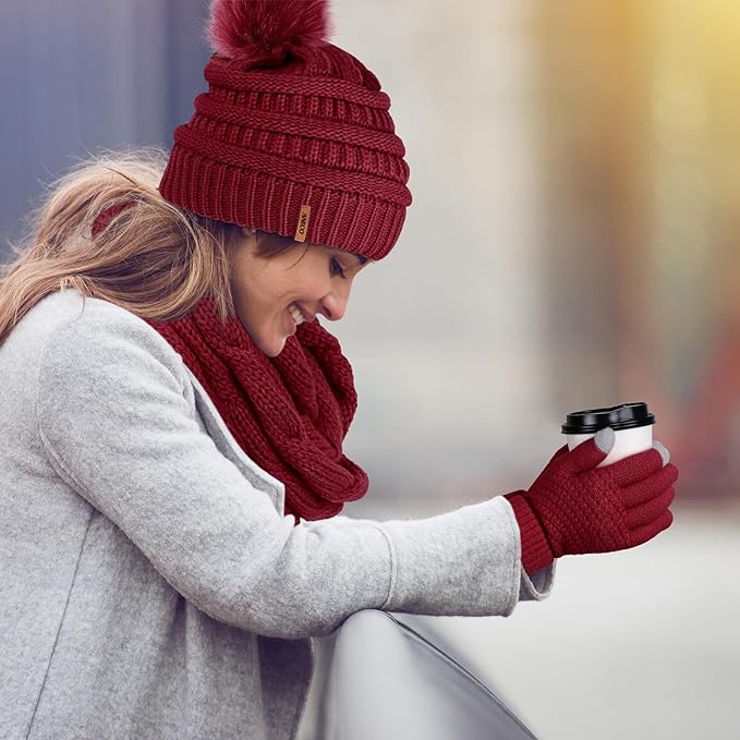 Aneco Womens Winter Warm Sets Knitted Fur Pompoms Beanie Hat Circle Loop Scarf Touch Screen Gloves Winter Favor Accessories