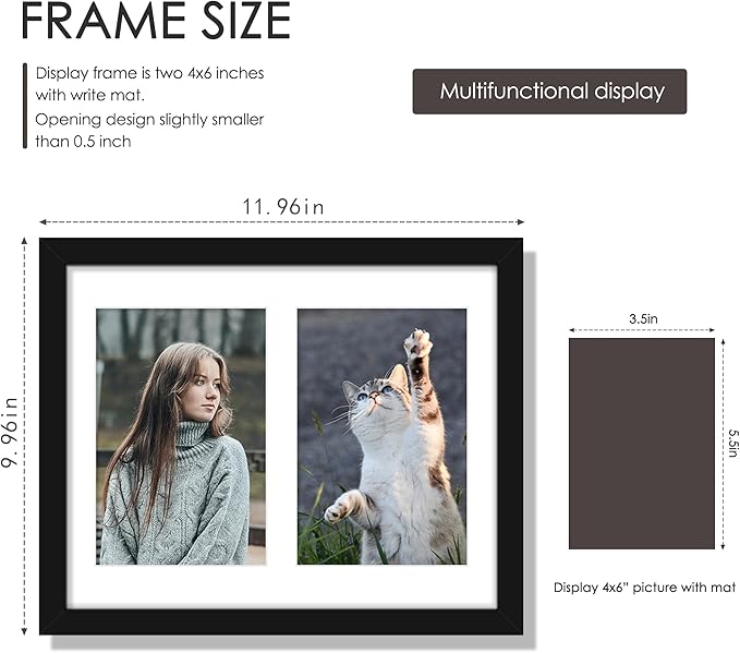 8x10 Double Picture Frame White Mat For Displaying Two 4x6 Pictures, Photo Frame for Wall Mounting or Tabletop, Black.