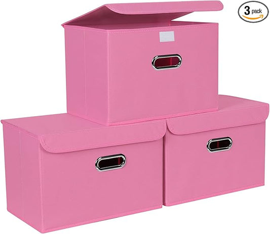 STOREONE Fabric Storage Cube Bins Foldable Organizer Container Collapsible Basket with Lids and Metal Handles, for Home, Bedroom, Closet 3 Pcs (Pink)